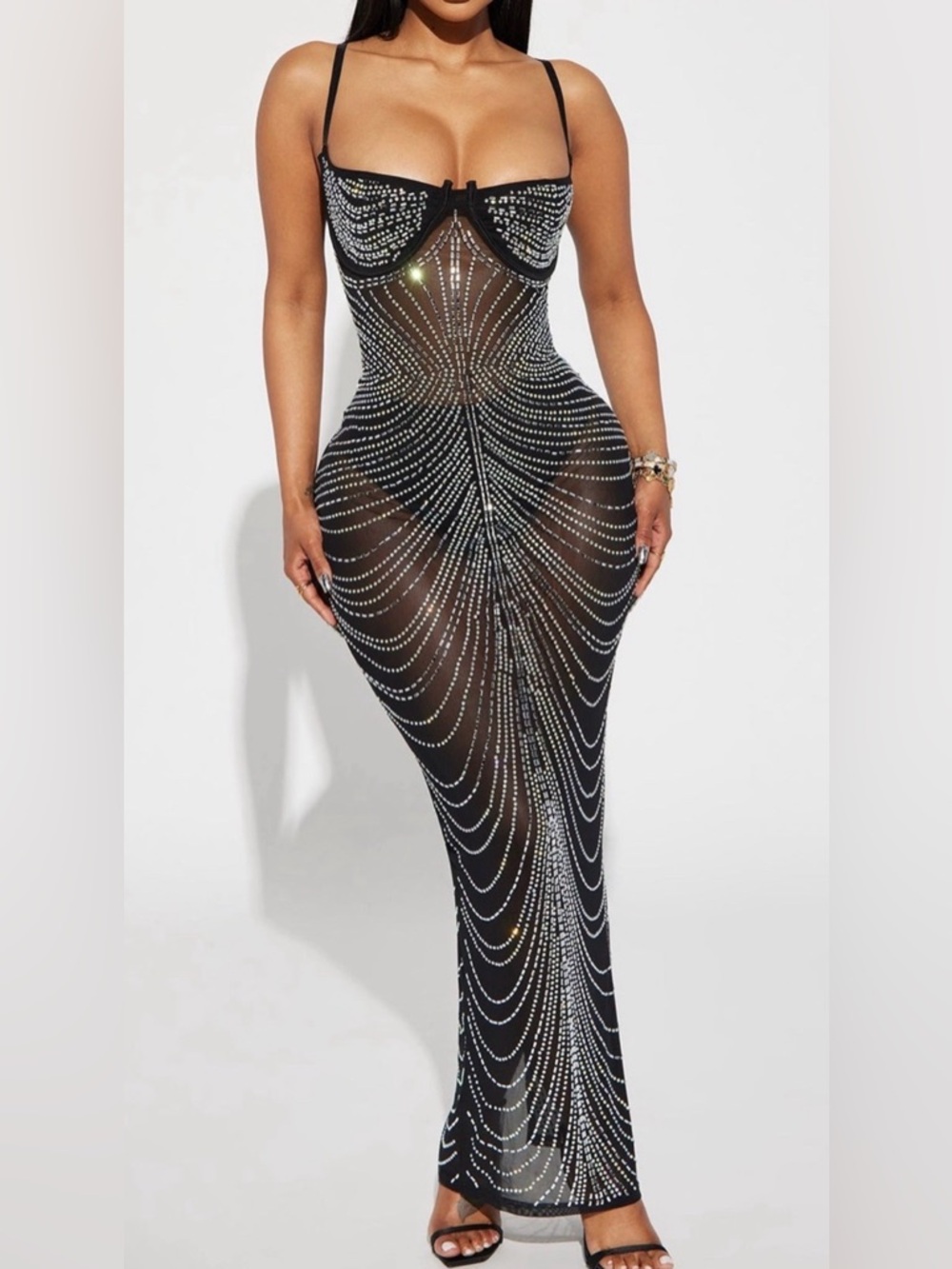 Embellished Nude Bodycon sheer Mesh sparkling rhinestone Maxi Dress
